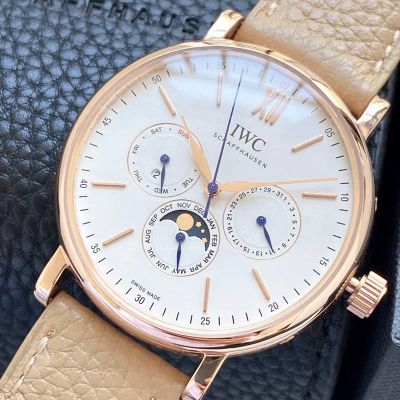 IWC Portofino 3836-2 Movement 40mm Beige Italian Calfskin Leather Strap Gold Case Watch